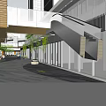 Modern Commercial Street With Glass Structure Green Plants And Pedestrian Area