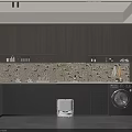 Modern Kitchen Interior With Dark Wood Cabinets And Marble Patterned Backsplash Featuring Washing Machine 3d model