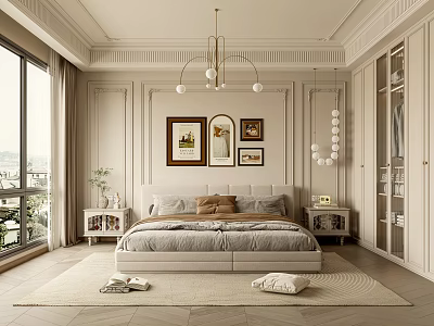 Modern Cozy Bedroom Interior With Light Wood Floor Large Window Decorative Paintings Wardrobe And Chandelier 3d model