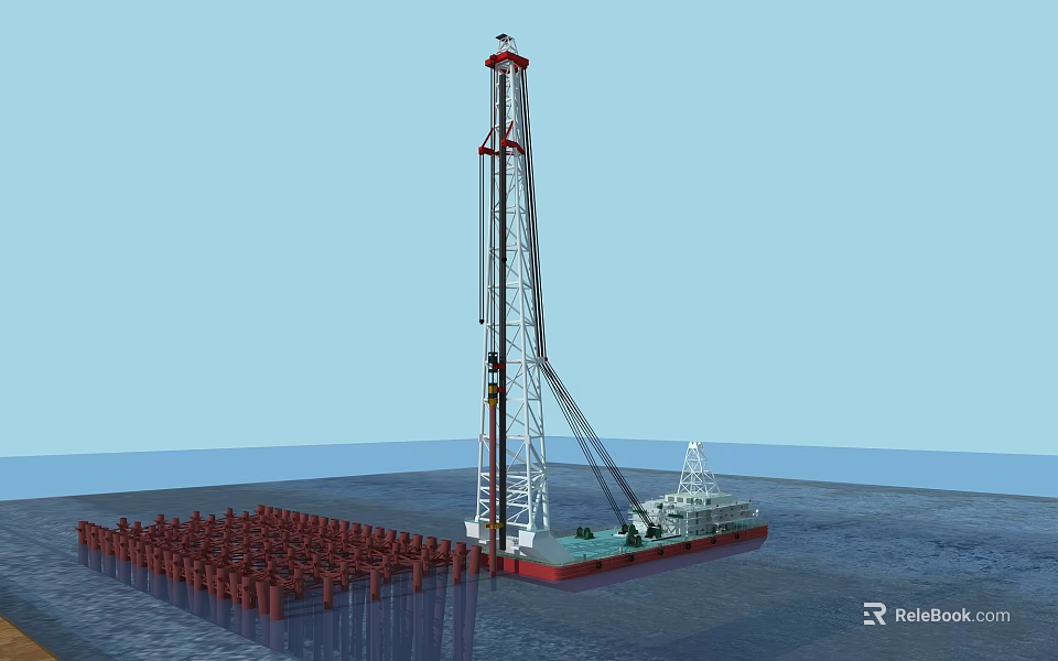 Offshore Drilling Platform With Tall Rig Red Pile Structures And Vessel On Water 3d model 