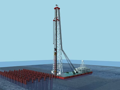 Offshore Drilling Platform With Tall Rig Red Pile Structures And Vessel On Water 3d model