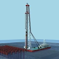 Offshore Drilling Platform With Tall Rig Red Pile Structures And Vessel On Water