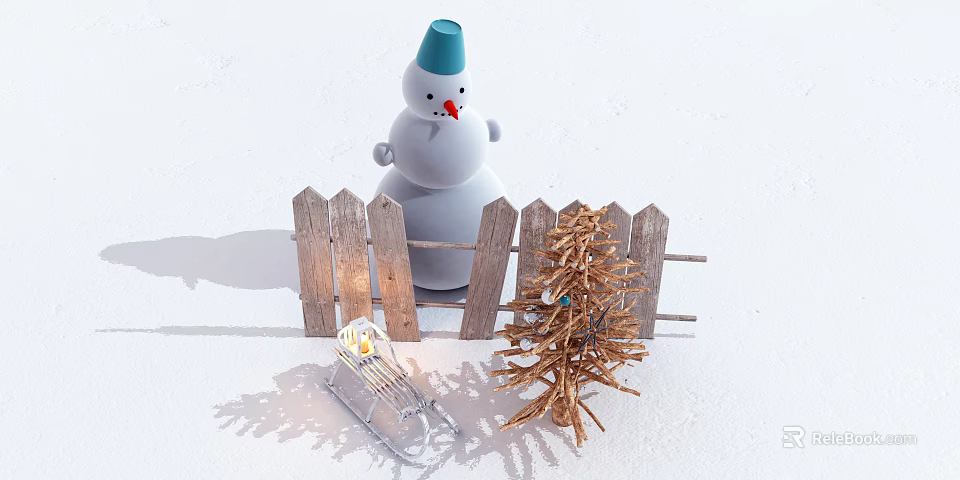 Adorable Snowman With Blue Hat Next To Wooden Fence Small Christmas Tree And Sled 3d model 