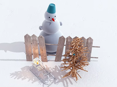Adorable Snowman With Blue Hat Next To Wooden Fence Small Christmas Tree And Sled 3d model
