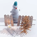 Adorable Snowman With Blue Hat Next To Wooden Fence Small Christmas Tree And Sled