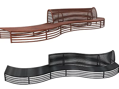 Stylish Curved Outdoor Bench With Brown And Black Metal Slat Design 3d model