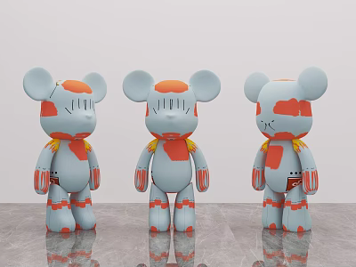 Three Light Blue Cartoon Mouse Figures With Orange Red Spots On Gray Surface White Background 3d model