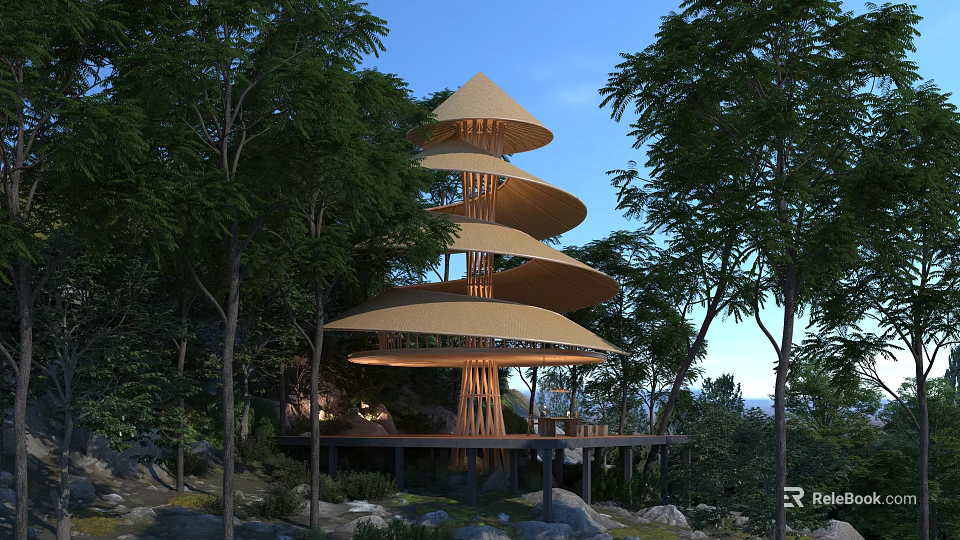Detached Villa With Spiral Wooden Structure And Conical Roof Layers Surrounded By Trees 3d model 