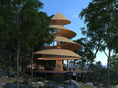 Detached Villa With Spiral Wooden Structure And Conical Roof Layers Surrounded By Trees 3d model