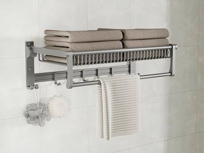 Modern Bathroom Towel Rack With Folded Towels Hanging Loofah And Towel 3d model