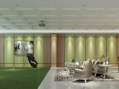 Elegant Clubhouse Interior Featuring Light Green Walls Wooden Decor Golf Club Bag And Marble Floor 3d model