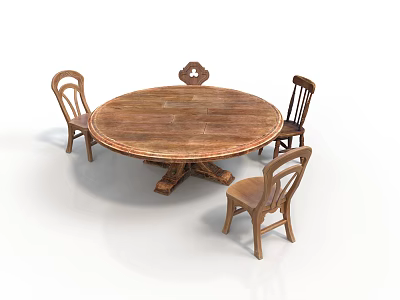 Round Wooden Dining Table With Carved Pedestal Base And Matching Wooden Chairs 3d model