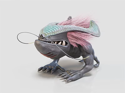 Fantasy Mythical Creature Character With Pink Fur Green Head Sharp Teeth And Claws 3d model