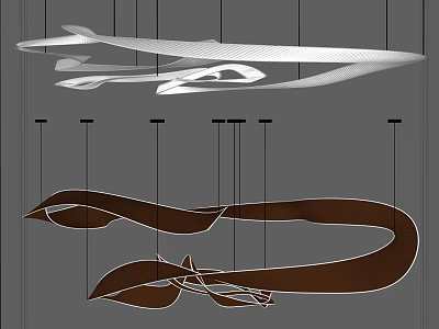 Modern Curved Chandelier Design With Sleek White And Brown Hanging Fixtures 3d model