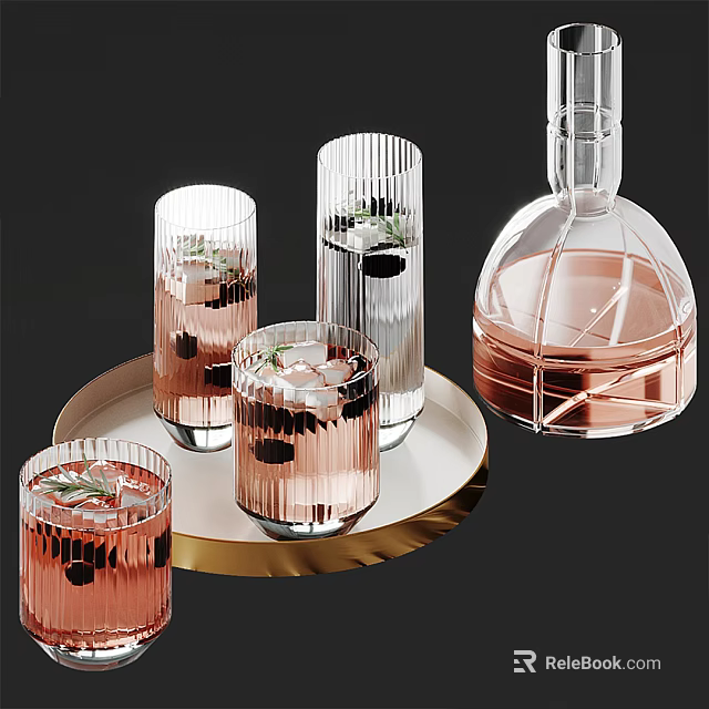 Transparent Glass Cups With Ice Cubes And Rosemary On Gold Tray Near Rose Liquid Decanter 3d model 