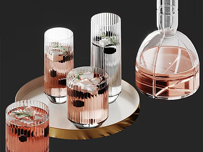 Transparent Glass Cups With Ice Cubes And Rosemary On Gold Tray Near Rose Liquid Decanter 3d model