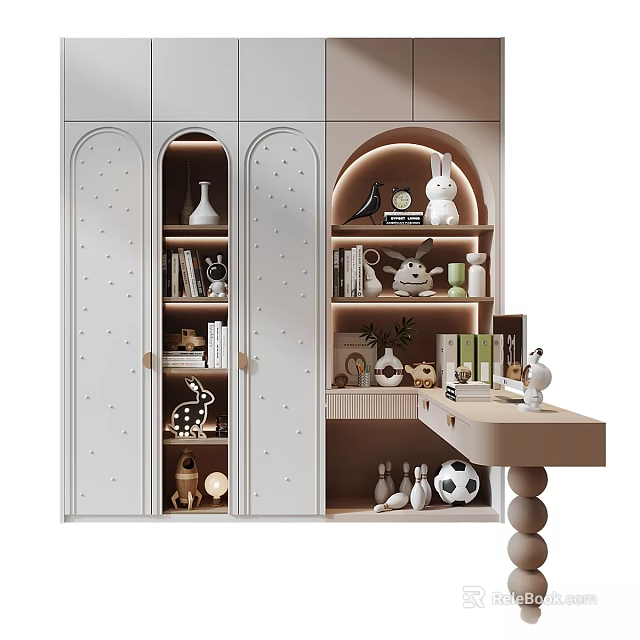 Modern Wardrobe With Arched Doors Decorative Dots Open Shelves For Books Decorations And Side Table 3d model 