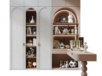 Modern Wardrobe With Arched Doors Decorative Dots Open Shelves For Books Decorations And Side Table 3d model
