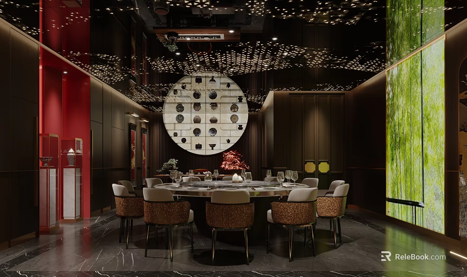 Elegant Private Dining Room With Circular Decor Starry Ceiling Red Walls And Marble Flooring 3d model 