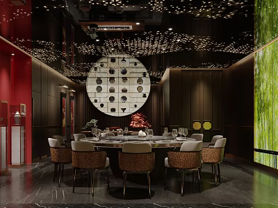 Elegant Private Dining Room With Circular Decor Starry Ceiling Red Walls And Marble Flooring 3d model