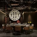 Elegant Private Dining Room With Circular Decor Starry Ceiling Red Walls And Marble Flooring