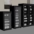 Black Kitchen Storage Appliances With Glass Doors And Neatly Arranged Plates Wine Glasses