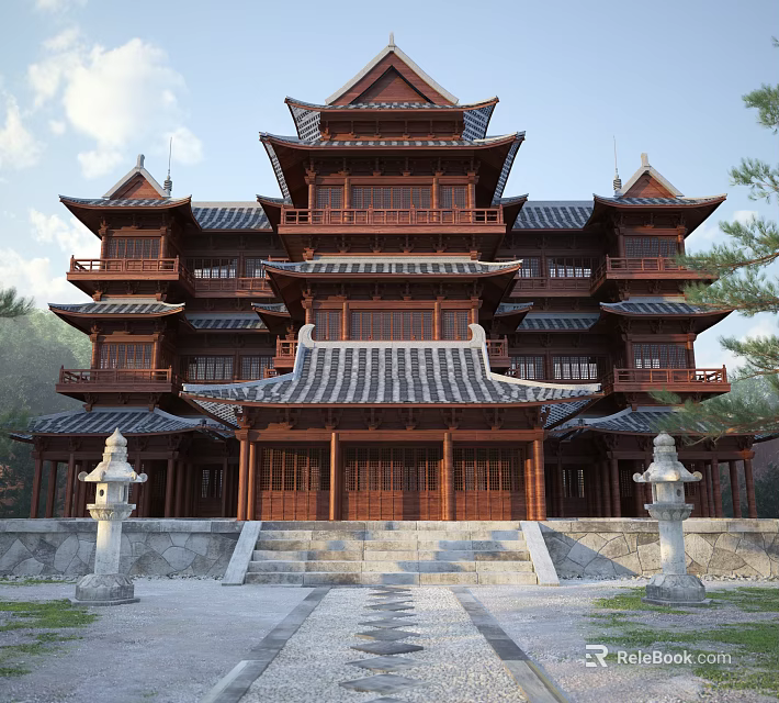 Traditional Chinese Ancient Architecture Wooden Pagoda With Overhanging Eaves Tile Roof And Stone Lanterns 3d model 