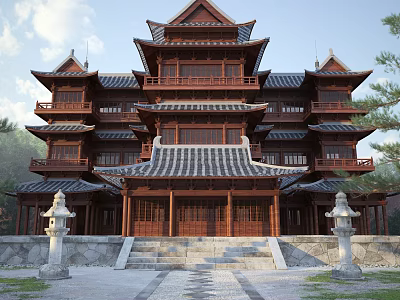 Traditional Chinese Ancient Architecture Wooden Pagoda With Overhanging Eaves Tile Roof And Stone Lanterns 3d model
