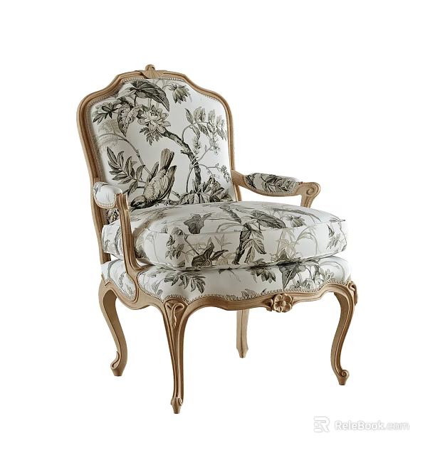 Elegant French Style Accent Chair With Carved Wooden Frame And Floral Bird Pattern Fabric 3d model 