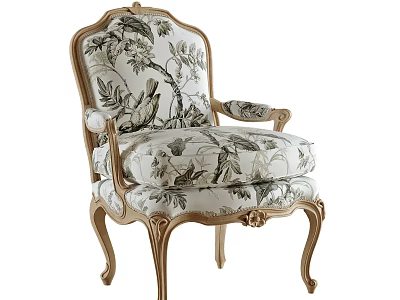 Elegant French Style Accent Chair With Carved Wooden Frame And Floral Bird Pattern Fabric 3d model
