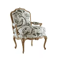 Elegant French Style Accent Chair With Carved Wooden Frame And Floral Bird Pattern Fabric