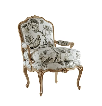 Elegant French Style Accent Chair With Carved Wooden Frame And Floral Bird Pattern Fabric 3d model