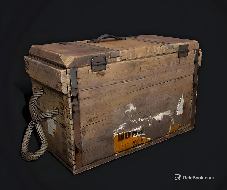 Vintage Wooden Trunk With Worn Surface Metal Clasps And Rope Handle Design 3d model 