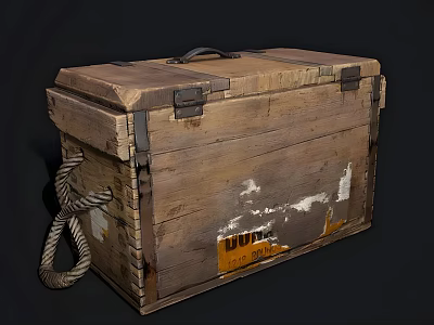 Vintage Wooden Trunk With Worn Surface Metal Clasps And Rope Handle Design 3d model
