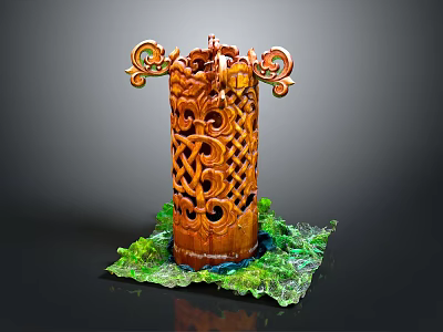 Intricately Carved Wooden Pillar With Ornate Top Curved Side Decorations And Green Base Decoration 3d model