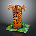 Intricately Carved Wooden Pillar With Ornate Top Curved Side Decorations And Green Base Decoration