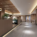 Wooden Reception Area Interior With Marble Counter Display Shelves Chandeliers And Landscape Painting