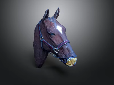 Horse Head with Brown Coat White Forelock and Yellow Nose in Bridle 3d model