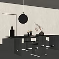 Modern Black Dining Table Set with Chairs Hanging Pendant Light Candles and Decorative Vases