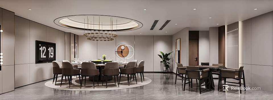 Modern Private Dining Room With Round Table Chairs Chandelier And Plant 3d model 