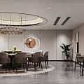 Modern Private Dining Room With Round Table Chairs Chandelier And Plant