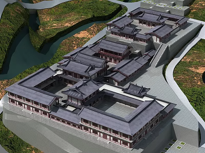 Ancient Chinese Architecture Complex With Traditional Tile Roofs Courtyard And River Landscape 3d model