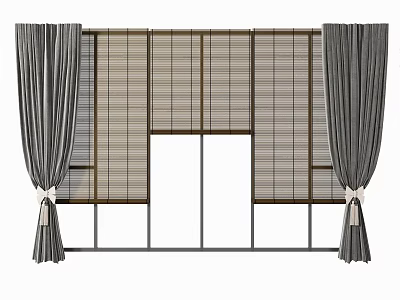 Elegant Gray Curtains With Bamboo Blinds For Modern Home Window Decor 3d model