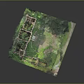 Detailed Ruined Building Model With Overgrown Green Vegetation And Courtyard