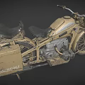 Vintage Khaki Motorcycle with Classic Headlight Side Case Metal Frame and Leather Seat
