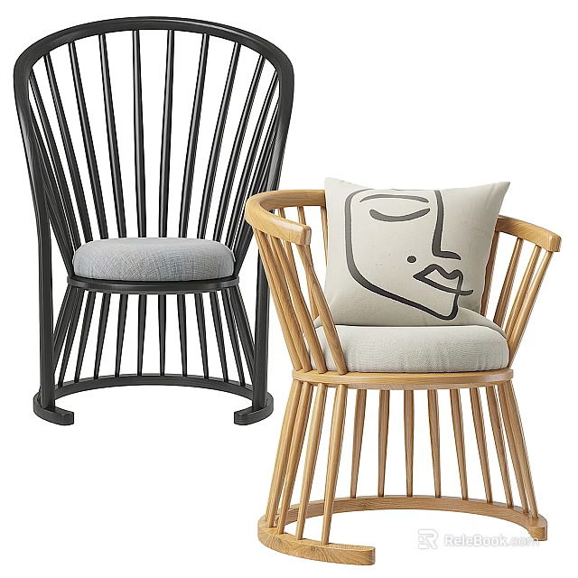 Stylish Black And Light Wood Accent Chairs With Gray Cushion And Face Pattern Pillow 3d model 