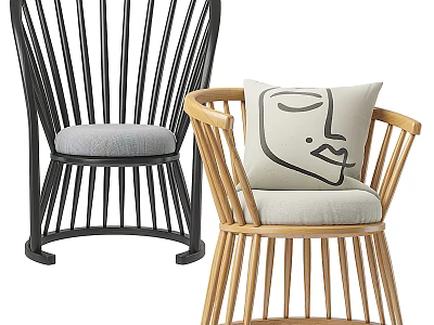 Stylish Black And Light Wood Accent Chairs With Gray Cushion And Face Pattern Pillow 3d model