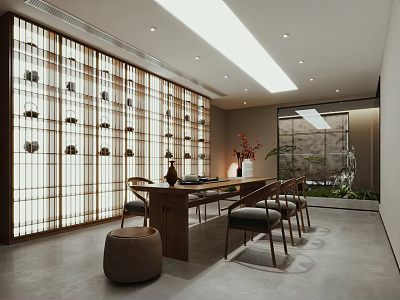 Traditional Tea Room Interior With Wooden Screen Tea Sets Table And Natural Lighting 3d model