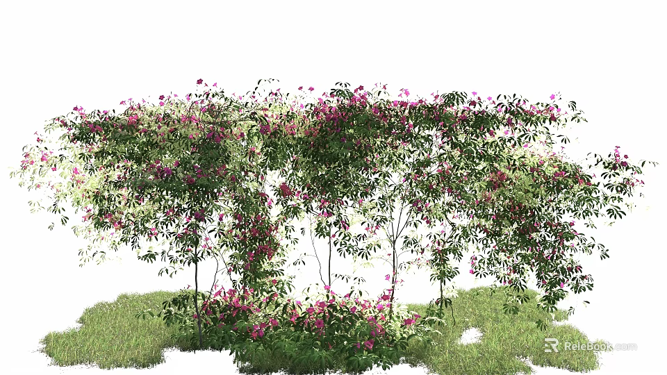 Lush Green Vines Adorned With Pink Flowers On Support Structure Over Grass 3d model 