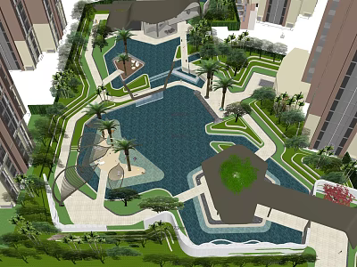 Lush Garden Landscape With Water Pool Palm Trees And Curved Pathways 3d model